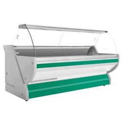 Koeltoonbank - 2965x1150mm - 570 liter - kleur groen - achterzijde 2 schuifdeuren - gebogen ruit - granitieten werkblad