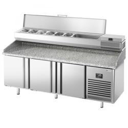 Masă frigorifică pentru preparare pizza PREMIUM PLUS - cu blat din granit - 1980x700 mm - cu 3 uși - cu vitrină de ingrediente - 9x GN 1/4