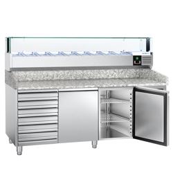 Commercial Refrigerated Pizza Prep Counter PREMIUM - 2000x800 - 2 Doors - 7 Drawers - Top Display Rail LED - 10x GN 1/3