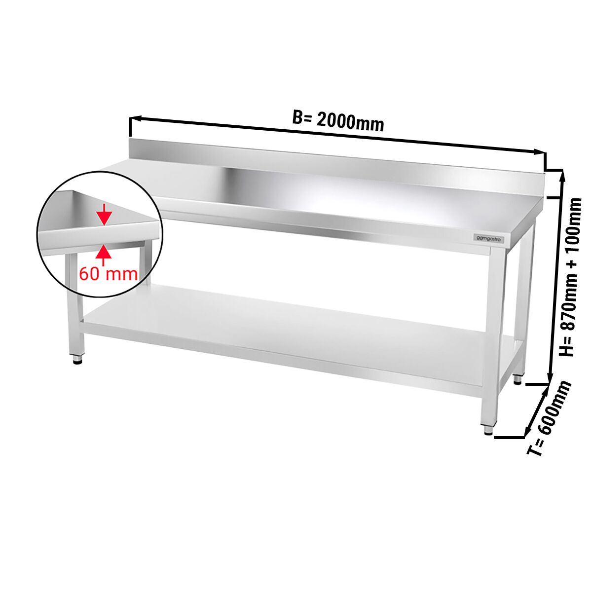 Radni stol od plemenitog čelika PREMIUM - 2000x600 mm - Sa donjom pločom & poleđinom 