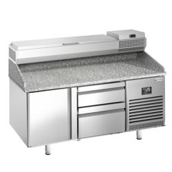 Pizzawerkbank PREMIUM PLUS - 1490x700mm - met granieten werkblad - met 1 deur & 2 laden - incl. opzetkoelvitrine - 6x GN 1/4