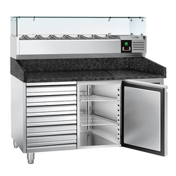 Rashladni pult za pripremu pizze PREMIUM - 1500x800 mm - sa 1 vratima & 7 ladica - uklj. Rashladna nadograđena vitrina - 7x GN 1/4
