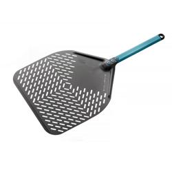 Lopatka na pizzu, sázecí - EVOLUZIONE - Hliník - zesílený krk - 300x300 mm - perforovaná - S.H.A. eloxace - hliníková rukojeť, modře eloxovaná