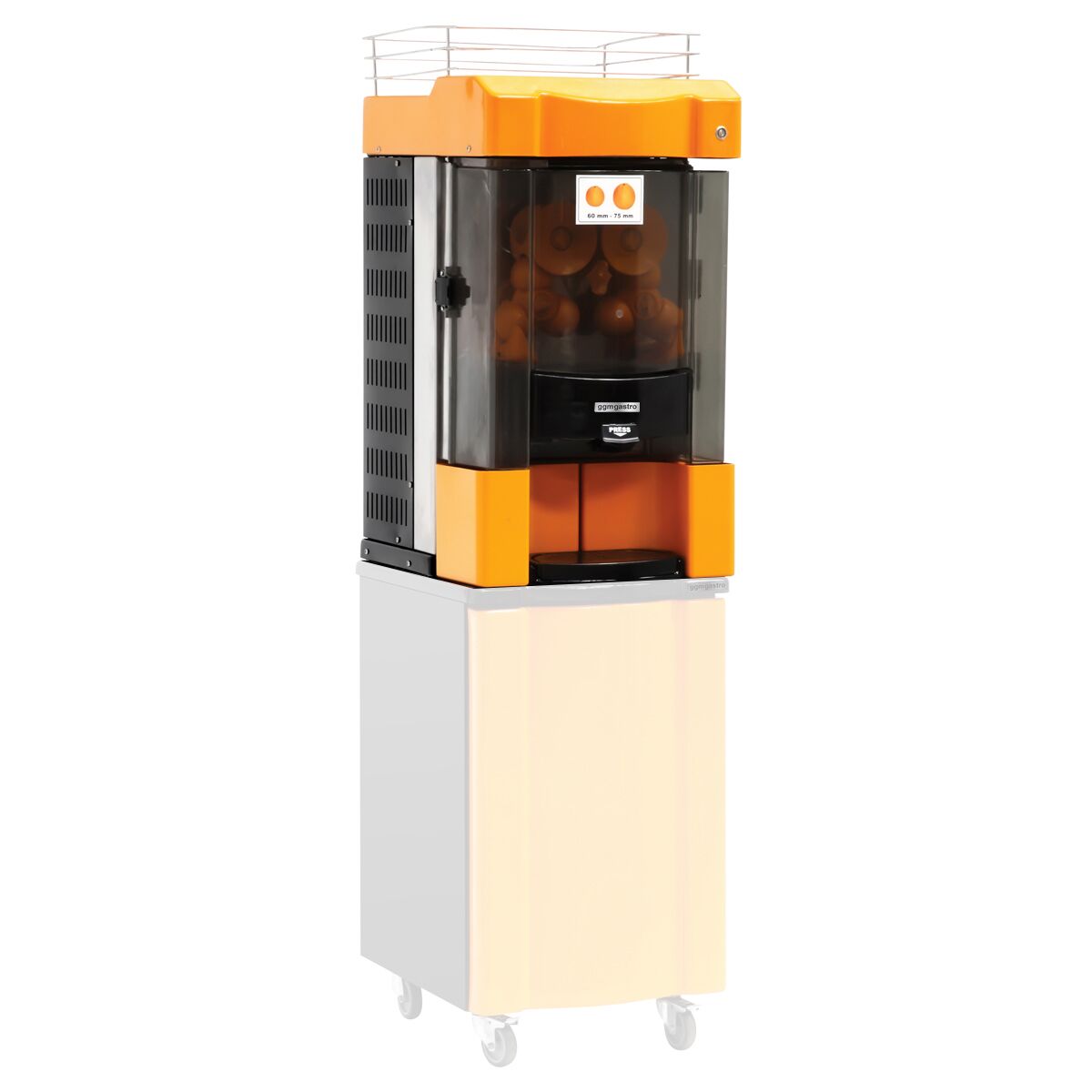 Automatisk apelsinpress - 75 kg - med automatisk fruktmatning, 25 apelsiner/min, Ø 60–75 mm & korg 18 kg - orange