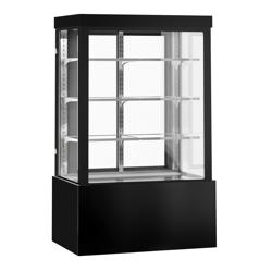 Vetrina pasticceria refrigerata - 950l - 1200mm - Doppio vetro - con 3 ripiani - porte posteriori scorrevoli; LED interni; 4 lati vetro - Nero