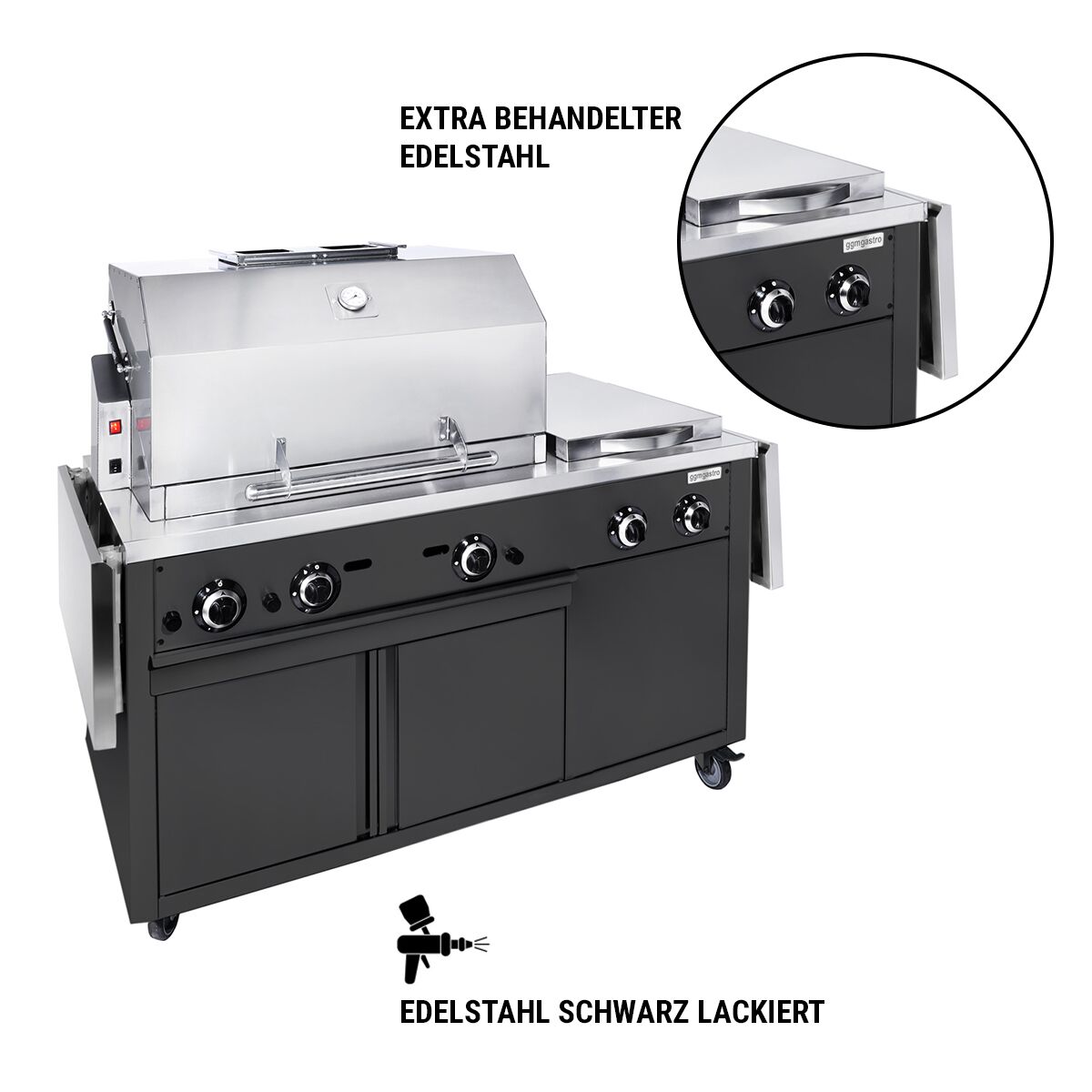 Barbecue à gaz professionnel - 22,5kW - sur pied - P850mm - Noir