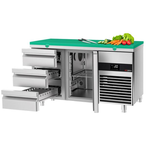 Hűtött munkaasztal PREMIUM - 1400x700 mm - GN 1/1 - 281 liter - ventilációs - 1 ajtóval - 3 fiókkal - vágódeszkával zöld