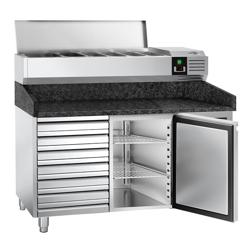 Mesa pizzera refrigerada PREMIUM - 1500x800mm - encimera de granito - con 1 puertas ciegas y 7 cajones - incl. vitrina refrigerada superior - 7x GN 1/4