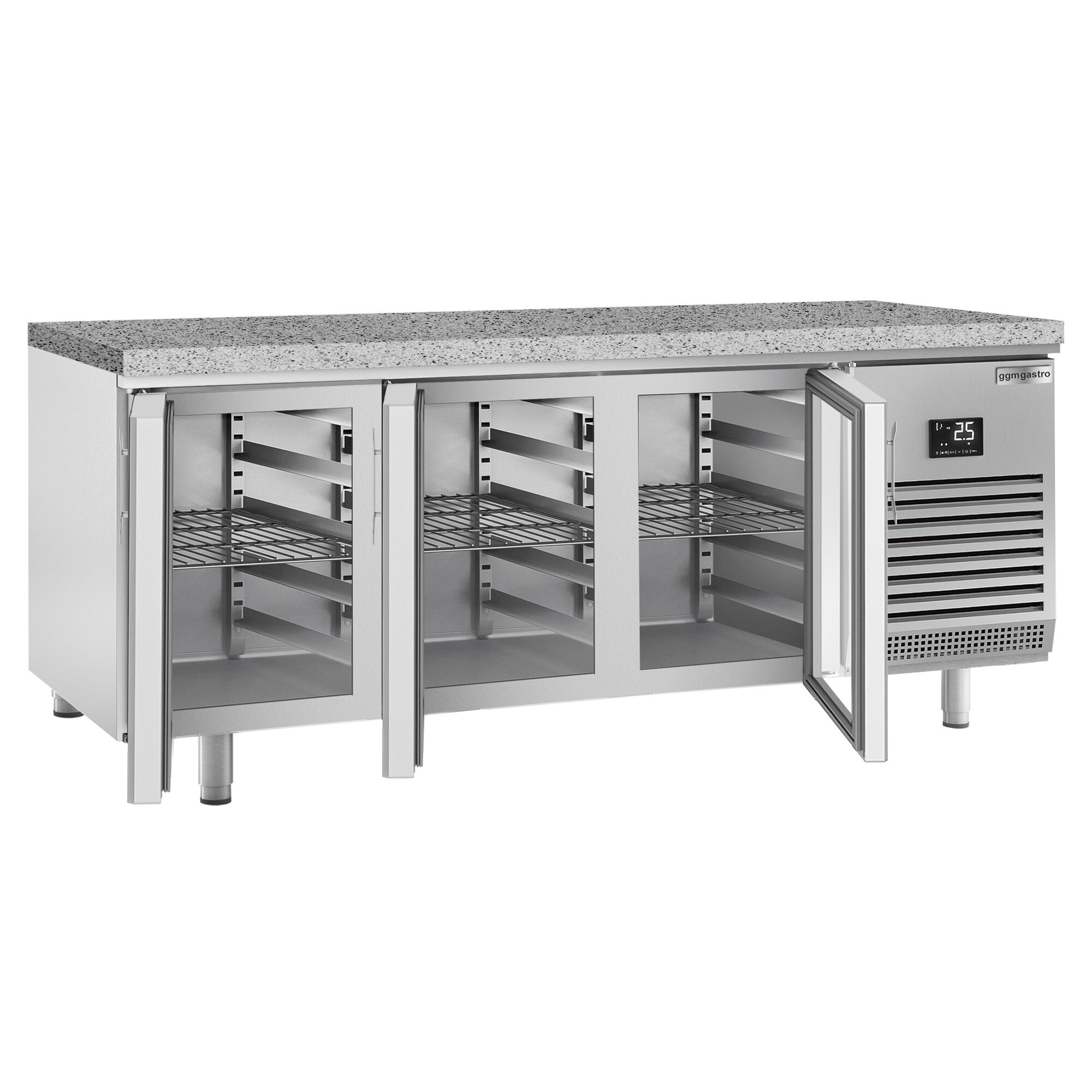 Table réfrigérée de boulangerie PREMIUM PLUS - 2185x800 mm - 3 portes vitrées & plan de travail en granit