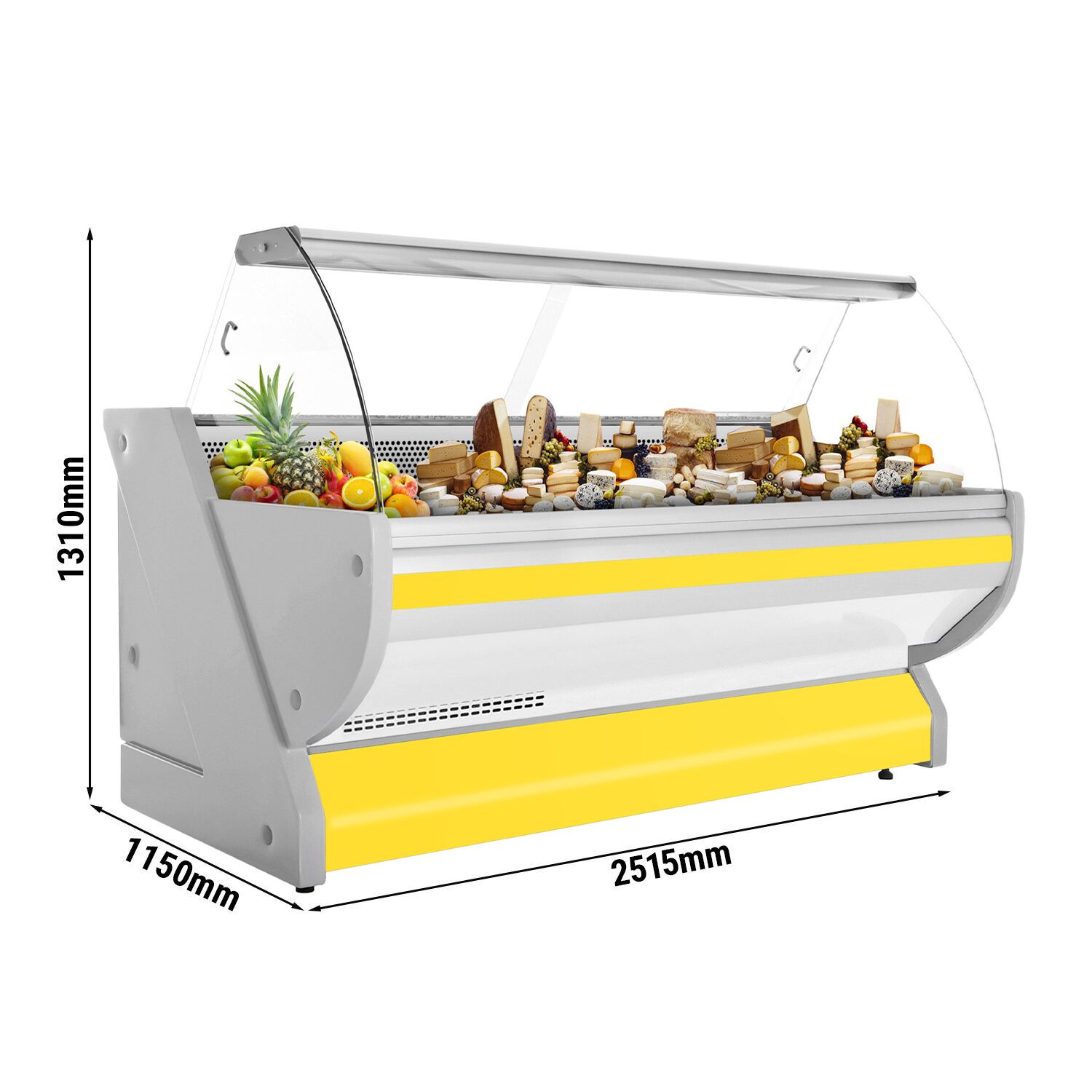 Comptoir vitrine réfrigérée - 2515x1150mm - +1/+10°C - Vitre bombée - Éclairage - Façade jaune