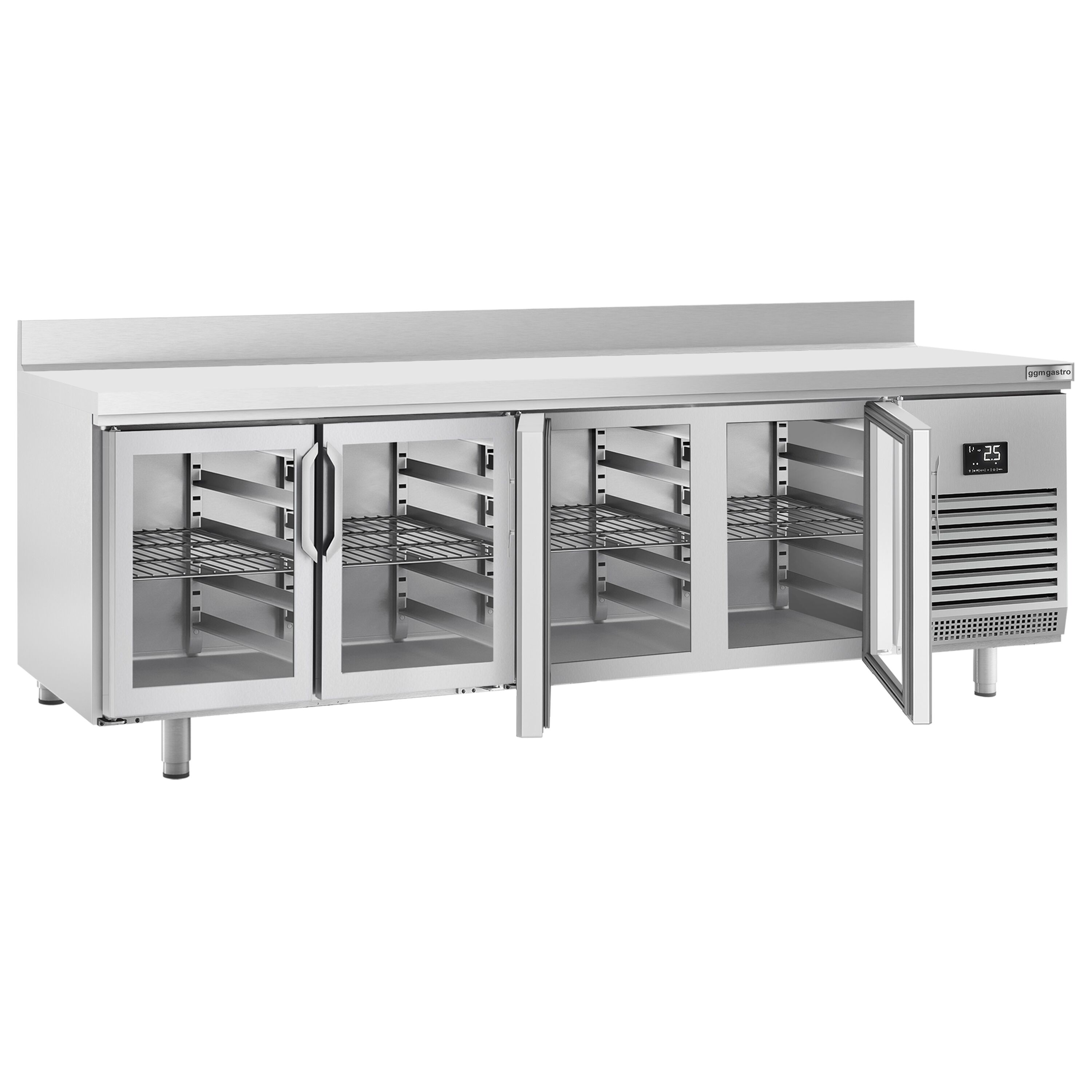 Table réfrigérée Premium PLUS - 2452x600 mm - avec 4 portes vitrées - avec dosseret