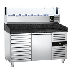Rashladni pult za pripremu pizze PREMIUM - 1500x800 mm - sa 1 vratima & 7 ladica - uklj. Rashladna nadograđena vitrina LED - 5x GN 1/5 + 1x GN 1/2