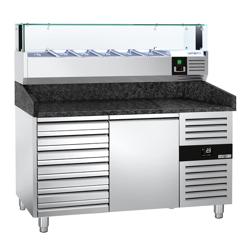 Pizza Hazırlık Tezgahı PREMIUM - 1500x800mm -1 Kapılı & 7 Çekmeceli - LED Soğutmalı vitrin dahil -5x GN 1/3 + 1x GN 1/2