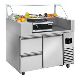 Commercial Refrigerated Prep Table – Glass Top – 2 Doors – 1210 mm – for 9× GN 1/6 - with Crêpes Plate & Batter Dispenser