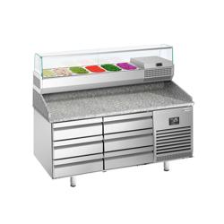 Pizzawerkbank PREMIUM PLUS - 1490x700mm - met granieten werkblad - met 6 laden - incl. glasvitrine - 6x GN 1/4