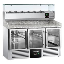 Pizzawerkbank PREMIUM - 1400x700mm - granieten werkblad - met 3 glazen deuren - incl. koelopzetvitrine - 6x GN 1/4