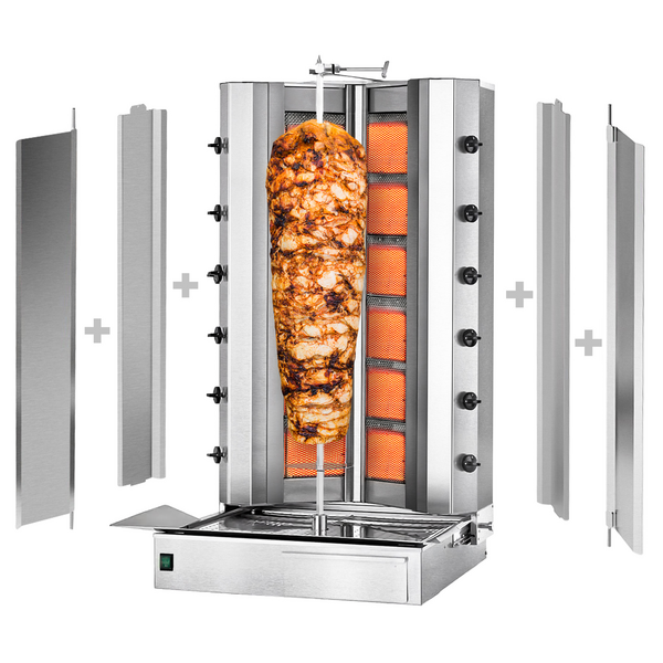 Plinski gyros-/ doner roštilj - V-oblik - 6+6 plamenika - Maks. 150 kg - Uklj. 2 zaštitne ploče & 2 krilna vrata