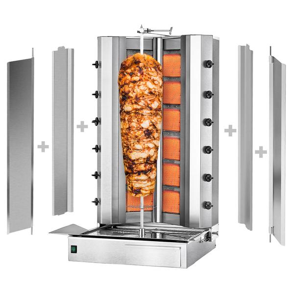 Gas Kebabgrill - 6+6 brännare - max. 150 kg - inkl. 2 stänkskydd & 2 dörrar