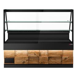 Csemegepult TORONTO - 2000x880 mm - 568 liter - ventilációs - dupla üvegezés - fa borítású természetes fa dekor - 2 polccal - fekete gránit munkalap