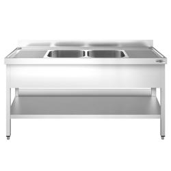 Fregadero de acero Inox. con estante inferior - 2,0 m - 2 fregaderos en el centro A 40 x P 40 x A 25 cm 