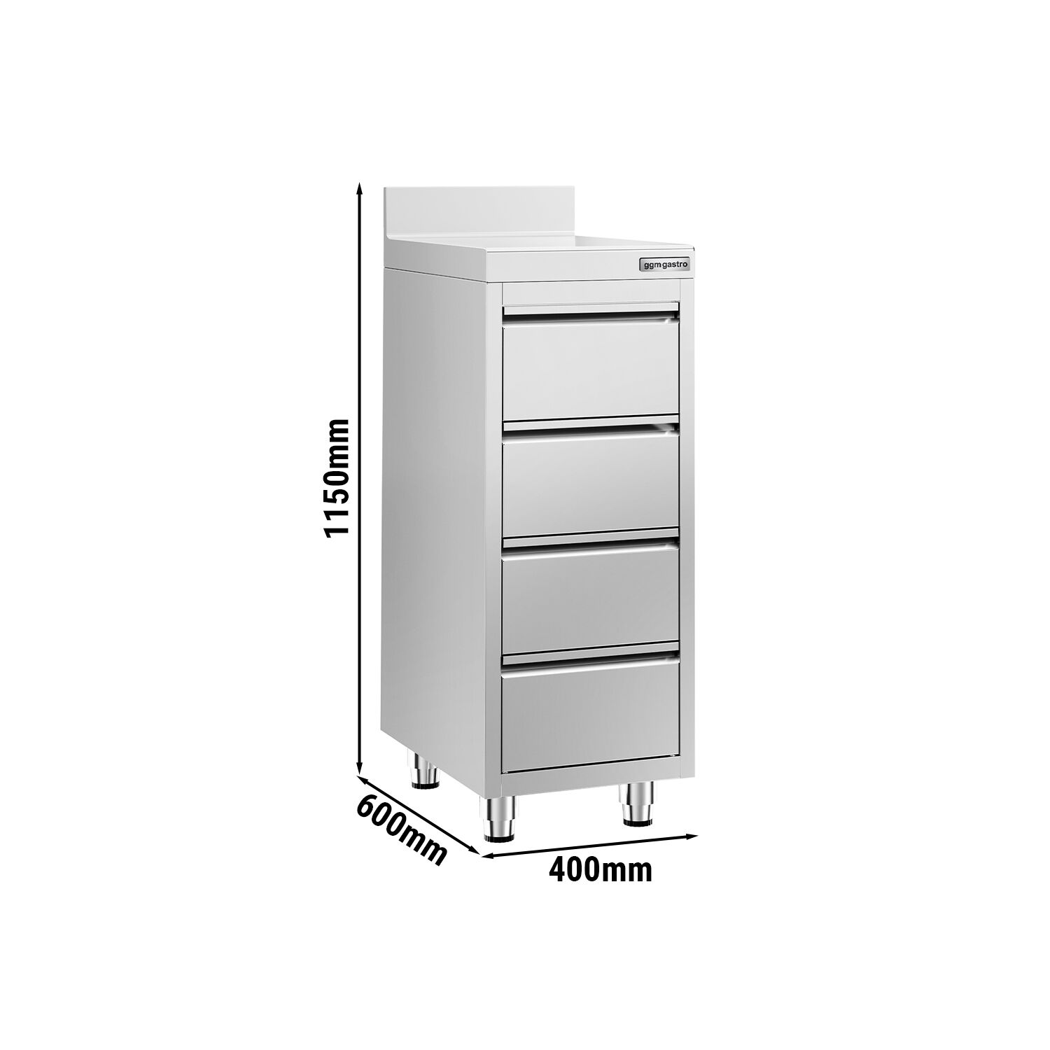 Meuble bas à tiroirs PREMIUM - Acier inoxydable - avec 4 tiroirs & dosseret - 400x600mm