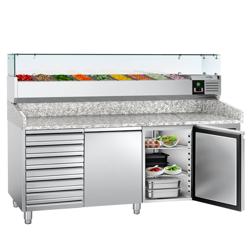 Pizzawerkbank ECO - 2025x800mm - met granieten werkblad - met 2 deuren & 7 laden - incl. glasvitrine - 10x GN 1/4