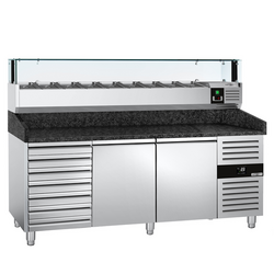 Rashladni pult za pripremu pizze PREMIUM - 2000x800 mm - sa 2 vrata & 7 ladica - uklj. Rashladna nadograđena vitrina LED - 9x GN 1/3