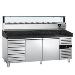 Pizzawerkbank PREMIUM - 2025x800mm - met granieten werkblad - met 2 deuren & 7 laden - incl. glasvitrine LED - 9x GN 1/3