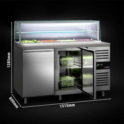Mesa saladette refrigerada PREMIUM - 1515mm - 390L - 2 puertas macizas - con vitrina de cristal para 4x GN 1/1 & 1 estante - encimera de granito negro