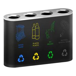 Afvalscheidingssysteem - 4 x 35L - 800x1080x300mm - met inwerpopening Ø140mm, 4 uitneembare afvalcontainers, sticker-set papier/plastic/restafval/bio - Zwart - staal