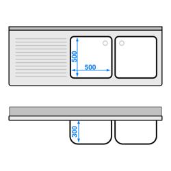 Armario fregadero con espacio para lavavajillas de acero Inox. - 1,8 m - 2 fregaderos a la derecha A 50 x P 50 x A 30 cm