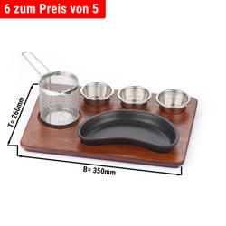 (6 kpl) Minitarjoilupannu - Fajita Servierset - 6-osainen - valurautapannu, ruostumaton teräs AISI 304 -korit ja -kulhot, MDF-levy puukuviolla - 350x260 mm - kidneynmuotoinen