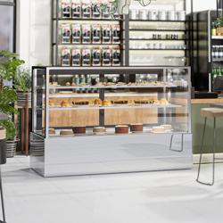 Vetrina pasticceria refrigerata - per torte - 725l - 1800mm - Doppio vetro - con 3 ripiani - porte posteriori scorrevoli; LED interni