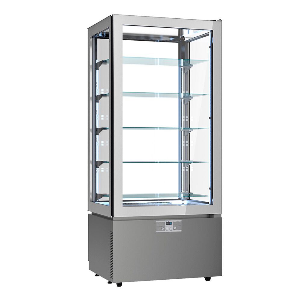 Vitrine réfrigérée 4 faces vitrées / Vitrine panoramique – 457 litres – 800 mm – 5 étagères – Argent