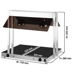 Commercial Food Warmer Plate– 2 Heat Lamps – GN 1/1 ×2 – Dual Thermostats – Double‑sided angled glass guard – 1.07 kW