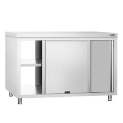 Tavolo armadiato passante in acciaio inox PREMIUM - 1400x600mm - con 4 porte scorrevoli su due lati