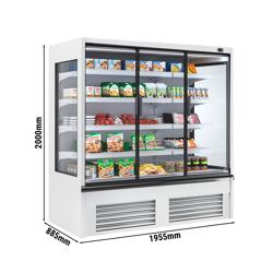 Commercial wall-mounted refrigerated display shelving - 1955 mm - 827 litres - with 3 double-glazed hinged doors and 4 shelves