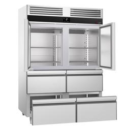 Koelkast RVS PREMIUM - GN 2/1 - 1400liter - tot -2°C tot +8°C - met 2 deuren & 4 laden - geforceerde koeling, LED‑verlichting & legroosters