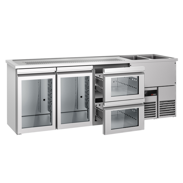Barowy stół chłodniczy PREMIUM - 2500x700 mm - 2 szklane drzwi & 2 szklane szuflady