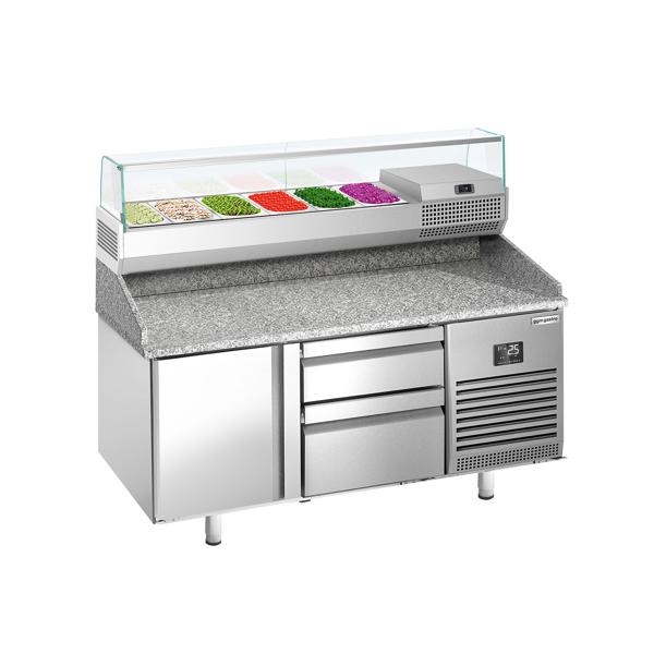 Pizzawerkbank PREMIUM PLUS - 1490x700mm - met granieten werkblad - met 1 deur & 2 laden - incl. glasvitrine - 6x GN 1/4