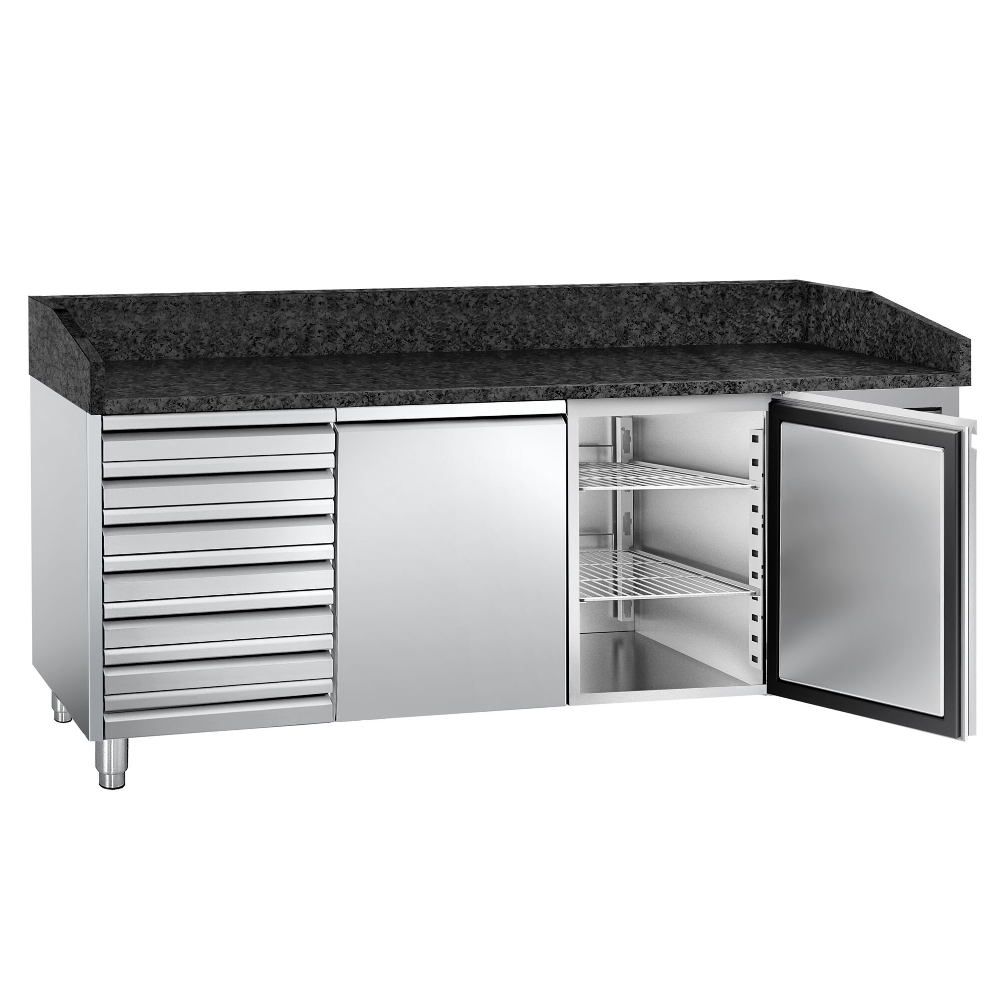 Pizzakylbänk PREMIUM - 2025x800 mm - granitskiva - med 2 dörrar & 7 lådor