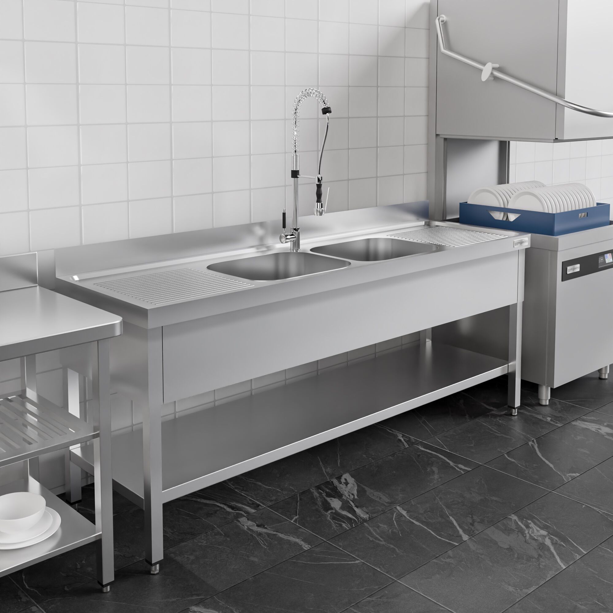 Plonge en inox PREMIUM - 2000x600mm - avec étagère basse - 2 bacs au centre
