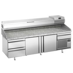 Pizzawerkbank PREMIUM PLUS - 3305x800mm - granieten werkblad - met 3 deuren & 3 laden - incl. koelopzetvitrine - 11x GN 1/4