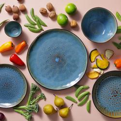 (6 pièces) LOTUS - Assiettes - plates - Ø 205 mm - Turquoise/ Noir  