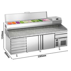 Pizzawerkbank PREMIUM PLUS - 2305x800mm - granieten werkblad - met 2 deuren & 7 laden - incl. koelopzetvitrine - 11x GN 1/4