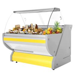 Banco gastronomia professionale / Banco Macelleria  - 1325x1150mm - Statica - 260 L - Vetro curvo - Colore Giallo - con frontale in vetro - piano di lavoro in granito