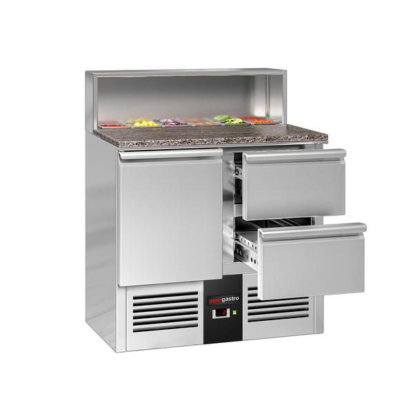 Frigorifico Saladette / mesa de preparação PREMIUM 0,9 x 0,7 m- com 1 porta 2 gavetas 1/2