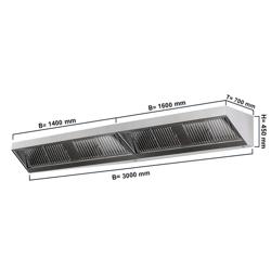 Wandafzuigkap RVS - 700mm diep - 3000mm - zonder motor - met 6 labyrintfilters en verlichting