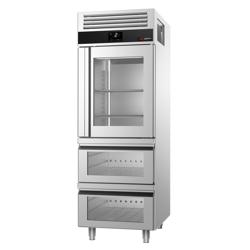 Koelkast RVS PREMIUM - GN 2/1 - 700liter - tot -2°C tot +8°C - met 1 glazen deur & 2 lades - geforceerde koeling, LED‑verlichting & automatische ontdooiing