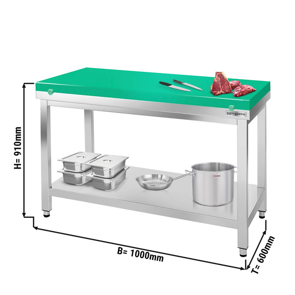 Stół roboczy ze stali nierdzewnej PREMIUM - 1000x600 mm - z półką dolną bez panelu tylnego włącznie z deską do krojenia	